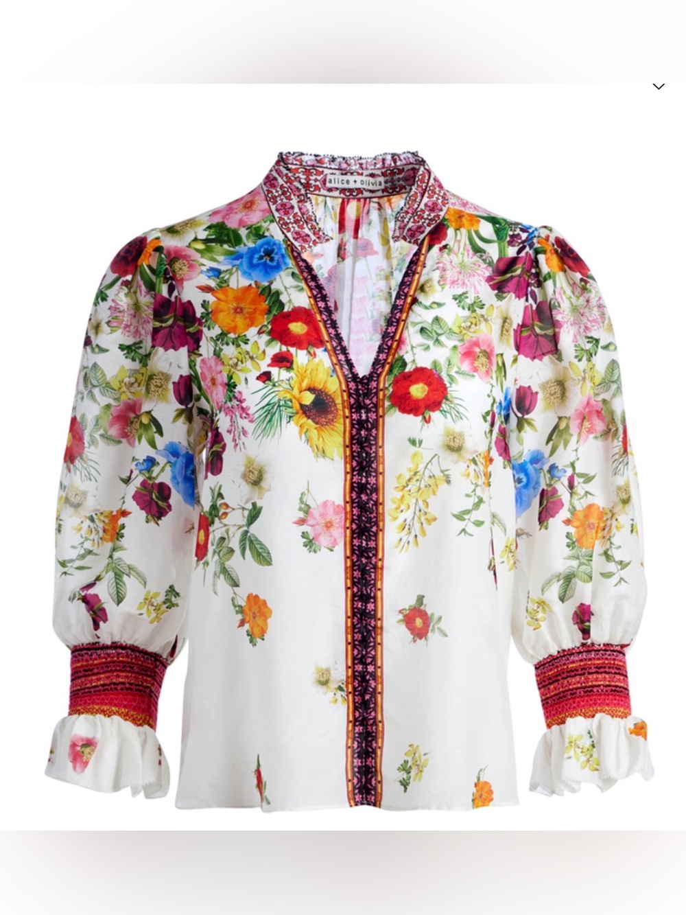 Alice & Olivia ILAN SMOCKED SLEEVE BUTTON FRONT BLOUSE - Picture 3 of 7